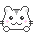 Pixel art of a white hamster-like character with black eyes and pink cheeks, shown in two expressions against a gray background.