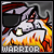 A pixelated warrior figure with a helmet and glowing eyes stands against a fiery background, with the word 'WARRIOR' below.
