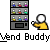 Animated pixel art sequence showing a yellow-shirted figure interacting with vending machines and green hand gestures, labeled "Vend Buddy" text below.