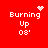 Red background with white pixelated text 'Burning Up 08' and four distinct animation states showing heart, starburst, dot cluster, and static icons.
