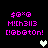 Pixelated text in bright pink on black background with two heart icons, one white and one gray.