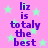 Pixelated purple text on pink background with green stars, repeating 'liz is totally the best' in two vertical