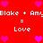 Red background with pink hearts and white text reading "Blake + Amy = Love" in two identical horizontal sections.