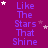 Purple background with repeated text "Like The Stars That Shine" in blue, scattered white and pink stars.