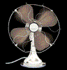 Six views of a vintage-style electric fan with brown blades and white base against black background, arranged in two of three