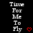Pixelated text 'Time For Me To Fly' in white on black background with red heart symbol, two identical frames showing static and animated states.