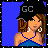 Pixel art contact sheet showing three frames of an animated buddy icon with a female character, text elements, and a shopping bag against blue backgrounds.