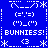Blue background with white pixelated text and symbols arranged in a pattern, featuring repeated 'BUNNIESS!' text and emoticons