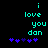 Pixelated cyan text 'i love you dan' on black background with purple heart symbols, showing heart position change