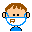 Pixelated character with brown hair, blue mask, and blue shirt; brown 'R' on mask in first frame, light orange 'R' in second frame.