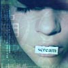 Close-up of a person's face with a digital grid pattern on the left side and a white rectangular label with reversed text over the mouth area.