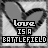 heart-shaped icons with text 'lora IS A BATTLEFIELD' where the word 'BATTLEFIELD' alternates between black and pink in a repeating pattern