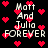 Pixelated text 'Matt And Julia FOREVER' with red heart symbols on black background, animated with shifting text and heart positions.