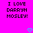 Bright pink background with black pixelated text reading "I LOVE DARRYN MOSLEY!" and two cyan heart symbols at the bottom.