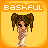 Pixelated character with brown braided pigtails and white dress, hand near mouth, on yellow background with 'BASHFUL' text.