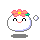 Pixel art character with white rounded body, pink flower crown, and changing facial expressions across four views.