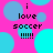 Pixelated text 'i love soccer !!!!!' on a bright pink background with overlapping cyan and light blue circles.