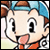 Pixelated character with light skin, large black eyes, and a pink tongue sticking out, wearing a blue cap and orange shirt against a light background.