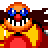Pixelated character with orange hair, blue glasses, red nose, and large white teeth in a wide grin.