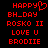 Red pixelated text on black background with 'HAPPY' featuring a heart symbol replacing the 'Y', followed by 'BH_DAY', 'ROSKO II', 'LOVE U', and 'BRODIE' in a vertical list.
