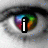 six eye images with colorful irises, some overlaid with text or symbols