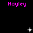 Pixelated pink text 'Hayley' appears in three on a black background with white star-like symbols scattered throughout