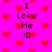 Pixelated pink background with red heart shapes and black text reading "I Love Me :D" in multiple positions.