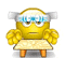 Animated yellow emoji-like character with blue headband, seated at table, performing sequential hand gestures and mouth movements.