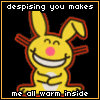 Yellow cartoon rabbit with pink nose and red outline, smiling widely, arms crossed, on black background with white text reading "despising you makes me all warm inside".
