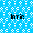 Blue background with white circular patterns and four instances of the name "Jamie" in black text.