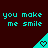 Cyan text "you make me smile" repeated over dark brown background with cyan triangular shapes containing heart symbols.