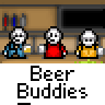 Animated contact sheet of pixel art characters in a bar setting with changing text bubbles and character expressions across 21 frames.