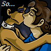 Animated sequence of two cartoon characters kissing, with text overlays changing from "So..." to "yaoi?" and a final static showing one character saying "Indeed." in speech bubble