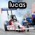 A pixelated drag racing scene with a driver in a red and white vehicle, blue and red background elements, and changing text overlays.