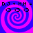 Four identical pixelated spiral patterns in blue and pink with text "D.J + H.H =" above three circular symbols on a solid background.