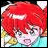 Pixelated anime-style character with bright red hair and closed eyes, next to stylized text on a black background.