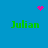 Blue background with four green 'Julian' text blocks and three pink pixel clusters: one heart, one starburst, and one dot cluster.