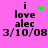 A pink background displays four identical text blocks with 'i love alec 3/10/08' and green pixelated symbols above the 'i', showing a heart, starburst, dots, and another starburst.