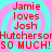 Red text on cyan and pink spiral background reads 'Jamie loves Josh' and 'HutchersonHutcherson SO MUCH! SO MUCH!' in four identical quadrants.