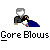 Pixel art character with gray hair and white face in black suit, red tie, blue cape, holding white object, text below reads Gore Blows Gore Blows