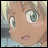 A 48x48 pixel buddy icon featuring a close-up of an anime-style character's face on the left and stylized text on the right against a black background.