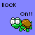 Pixel art turtle with brown shell and green body on blue background, displaying 'Rock' text above and 'On!!' below in varying white/purple states.