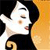 Pixelated image of a stylized figure with white face, black hair, and dark clothing against a gradient background.
