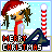 Pixel art Christmas icon featuring a character in Santa hat with red scarf, snow background, thermometer, and 'MERRY CHRISTMAS' text.