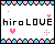 Pixel art contact sheet showing two animated frames of a buddy icon with "hiroLOVE" text, pink and blue heart borders, and shifting pixel hearts/dots on white background.