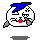 Pixelated circular character with blue hair, gray sideburns, and red tongue in four variations showing mouth expressions.