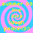 Four identical spiral-patterned icons with alternating blue and pink rings, yellow text reading 'summer 09', 'live love laugh', and 'peace(3:)' on a solid light blue background.
