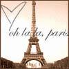 A static icon featuring a brown Eiffel Tower against a light background with cursive text reading 'oh la la, paris' and a partial star outline.