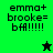 Green and black pixelated image with text 'emma+ brooke= bff!!!!' and two star-shaped figures, one black on green background, one green on black background.