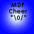 Four identical circular blue icons with white gradient centers displaying "MDP Cheer" text and "\o/" symbol in black pixelated font.